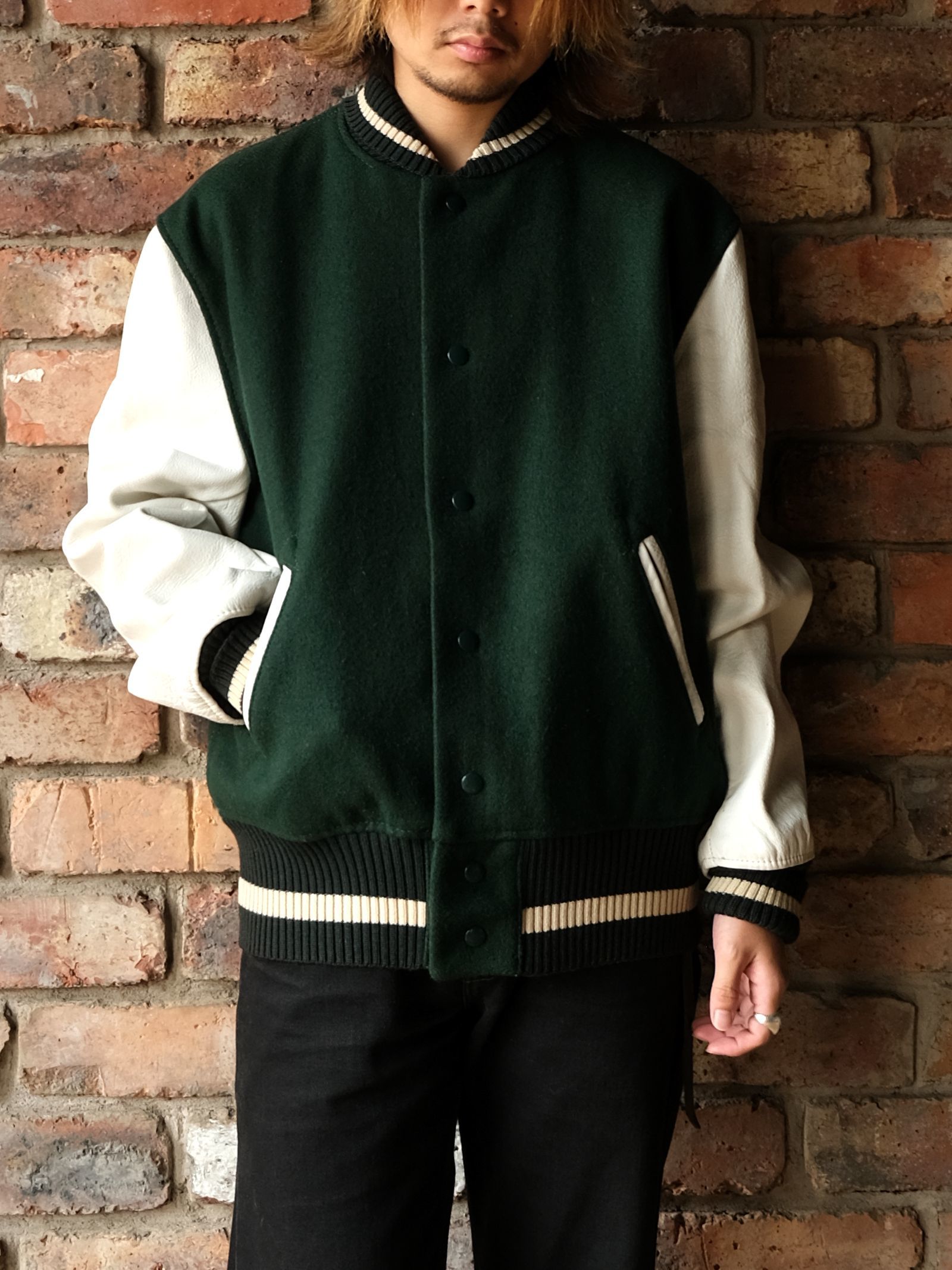 WHITING WOOL×LEATHER SOLID VARSITY JACKET GREEN--RECOMMEND--_d0334976_14262022.jpg