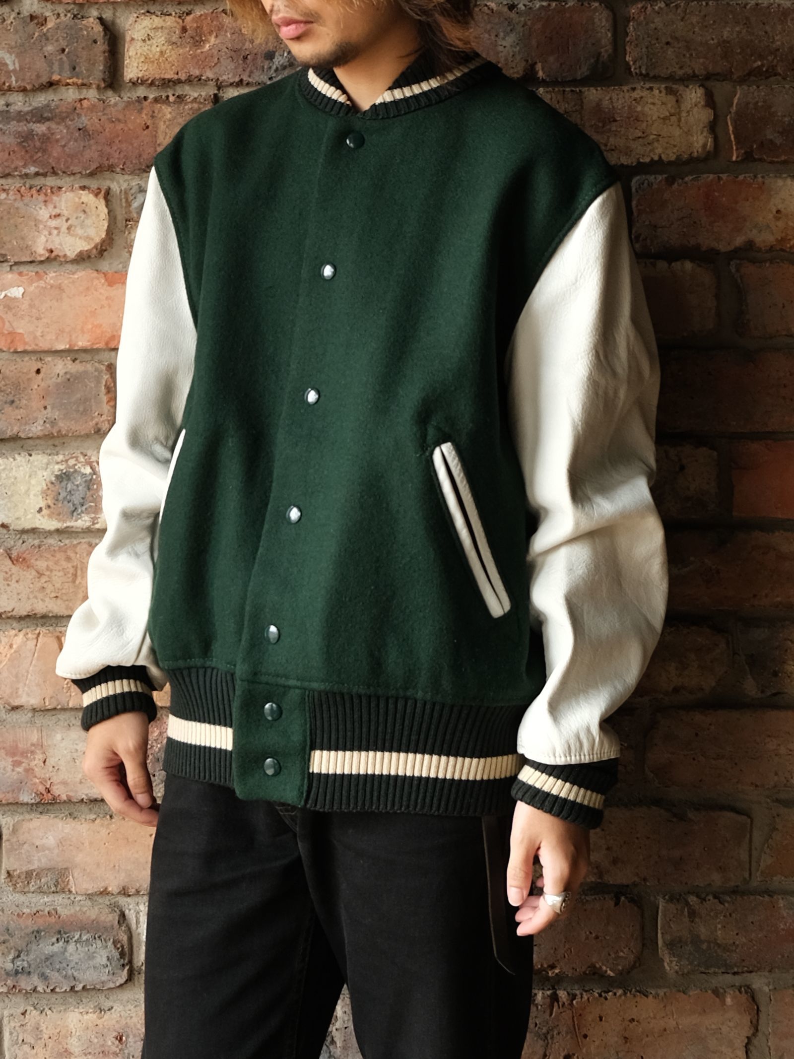WHITING WOOL×LEATHER SOLID VARSITY JACKET GREEN--RECOMMEND--_d0334976_14262275.jpg