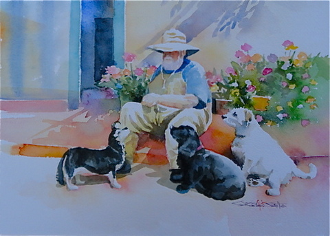 老人と犬達 - シニアチックな水彩画家，８０歳　おさむ斉藤のブログ　Watercolor by Osamu 水彩画家のロス日記 Watercolorist Diary